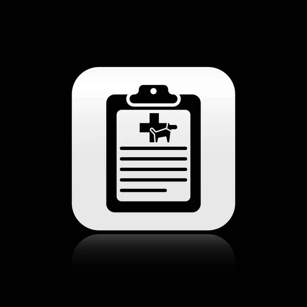 医療臨床記録ペットアイコンが黒の背景に隔離されたブラッククリップボード。健康保険証書医療チェックのマークレポート。シルバーの正方形のボタン。ベクトルイラストレーション — ストックベクタ