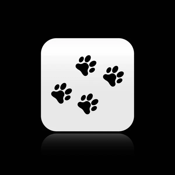 Ícone de impressão Black Paw isolado no fundo preto. Impressão de pata de cão ou gato. Pista animal. Botão quadrado de prata. Ilustração vetorial — Vetor de Stock