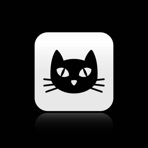 Ikona černé kočky je izolovaná na černém pozadí. Stříbrné čtvercové tlačítko. Vektorová ilustrace — Stockový vektor