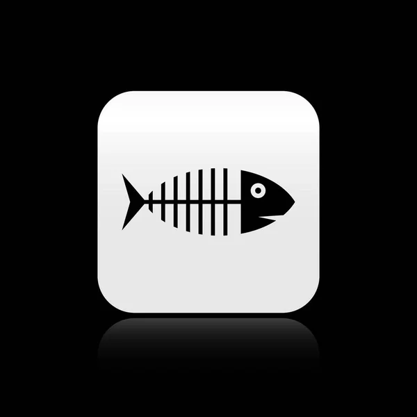 黑色鱼骨架图标孤立在黑色背景上。鱼骨符号。银色方形按钮。矢量插图 — 图库矢量图片