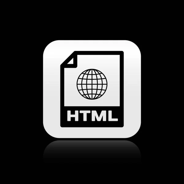 Documento de arquivo HTML preto. Baixar ícone de botão html isolado no fundo preto. Símbolo de arquivo HTML. Símbolo de linguagem de marcação. Botão quadrado de prata. Ilustração vetorial — Vetor de Stock