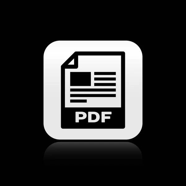Zwart PDF-bestands document. Download PDF knop icoon geïsoleerd op zwarte achtergrond. PDF-bestand symbool. Zilveren vierkante knop. Vector illustratie — Stockvector