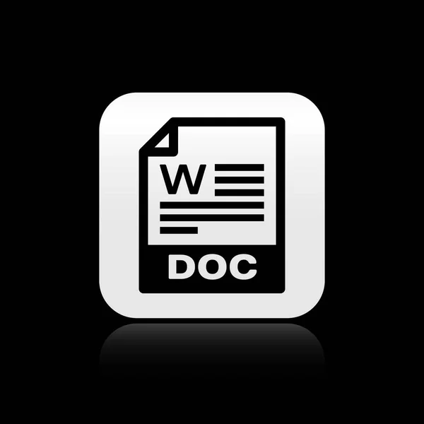 Documento de archivo DOC negro. Descargar icono del botón doc aislado sobre fondo negro. símbolo de extensión de archivo DOC. Botón cuadrado plateado. Ilustración vectorial — Vector de stock