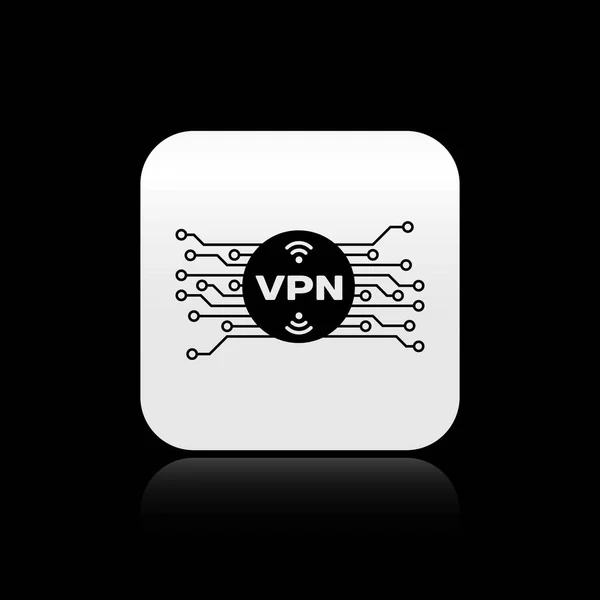 Black VPN in circle with microchip circuit icon isolated on black background. Silver square button. Vector Illustration — Stock Vector