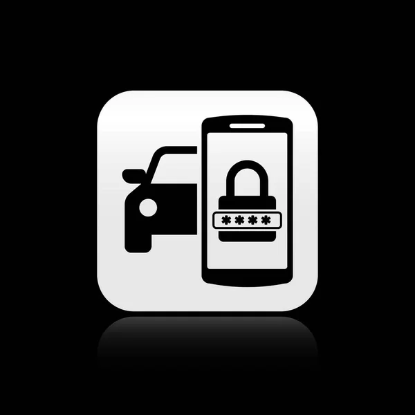 Black Smart car security system icon isolated on black background. The smartphone controls the car security on the wireless. Silver square button. Vector Illustration — Stock Vector