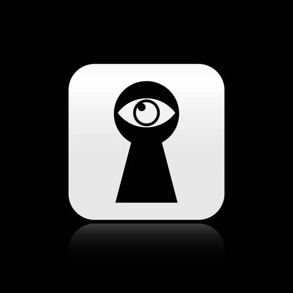 Μαύρη κλειδαρότρυπα με εικονίδιο ματιού απομονωμένη σε μαύρο φόντο. Το μάτι κοιτάζει την κλειδαρότρυπα. Τρύπα στο μάτι. Ασημί τετράγωνο κουμπί. Απεικόνιση διανυσματικών φορέων — Διανυσματικό Αρχείο