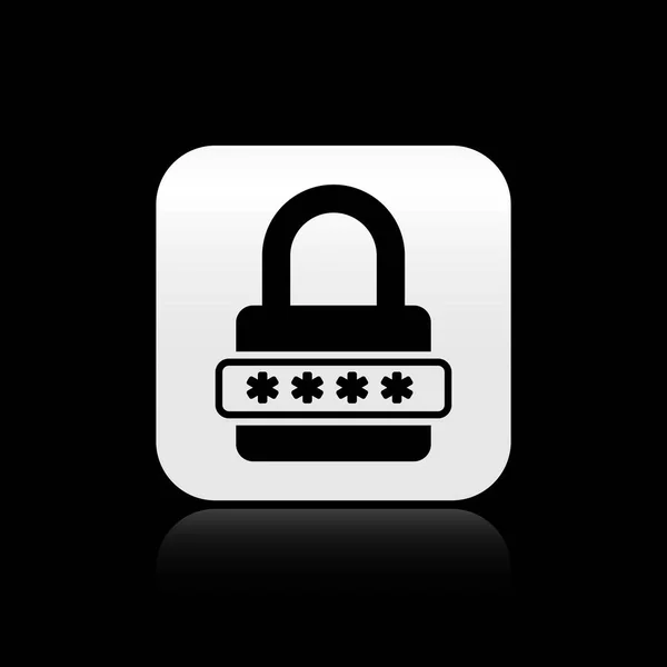 Black Password protection and safety access icon isolated on black background. Lock icon. Security, safety, protection, privacy concept. Silver square button. Vector Illustration — Stock Vector