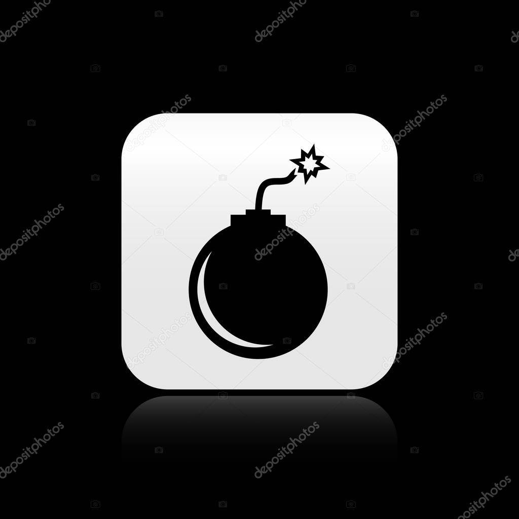 Black Bomb ready to explode icon isolated on black background. Silver square button. Vector Illustration