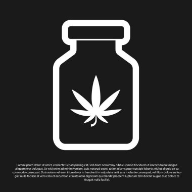 Siyah arka planda marihuana ya da kenevir yaprağı ikonu bulunan siyah tıbbi şişe. Kavanozlardaki kenevir yağı özlerini taklit et. Vektör İllüstrasyonu
