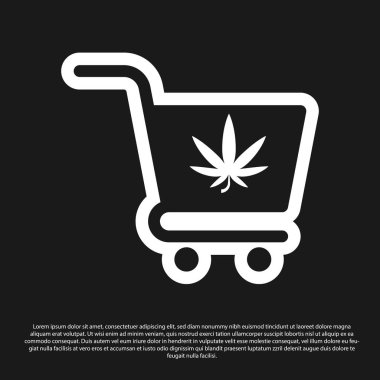 Siyah arka plan üzerinde izole esrar veya esrar yaprağı simgesi ile Siyah Alışveriş sepeti. Online satın alma. Teslimat hizmeti. Süpermarket sepeti. Vektör İllüstrasyonu