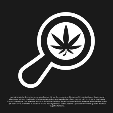 Siyah büyüteç ve tıbbi marihuana ya da siyah arka planda izole edilmiş kenevir yaprağı ikonu. Kenevir sembolü. Vektör İllüstrasyonu