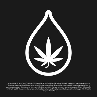 Siyah arkaplanda siyah tıbbi marihuana ya da kenevir yaprağı zeytinyağı damlası ikonu var. Esrar özütü. Kenevir sembolü. Vektör İllüstrasyonu
