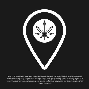 Siyah Harita işaretçisi ve esrar veya esrar yaprağı simgesi siyah arka plan üzerinde izole. Kenevir sembolü. Vektör İllüstrasyonu