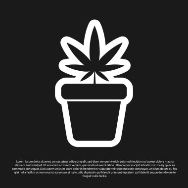 Siyah arka planda siyah tıbbi marihuana ya da esrar ikonundaki kenevir bitkisi. Esrar yetiştirme konsepti. Kenevir saksısı. Vektör İllüstrasyonu