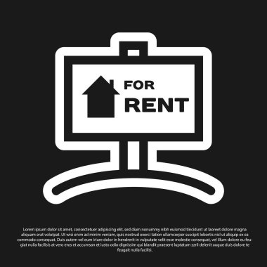 Siyah arka planda yalıtılmış Kiralık metin simgesinin yer verdiği Siyah Asma işareti. Kiralık metinli tabela. Vektör İllüstrasyonu