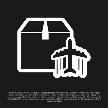 Siyah Düzlem ve karton kutu simgesi siyah arka plan üzerinde izole. Teslimat, nakliye. Hava yoluyla kargo teslimatı. Koliler, kutular olan uçaklar. Vektör İllüstrasyonu