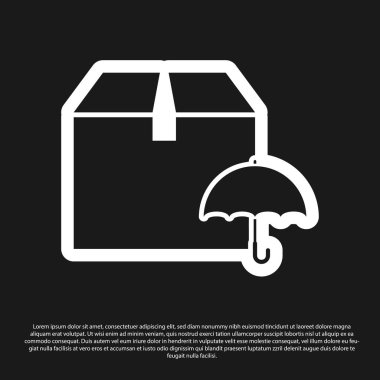 Siyah arka planda izole şemsiye simgesi ile Siyah Teslimat paketi. Şemsiye tabelalı paket karton kutu. Lojistik ve teslimat. Vektör İllüstrasyonu