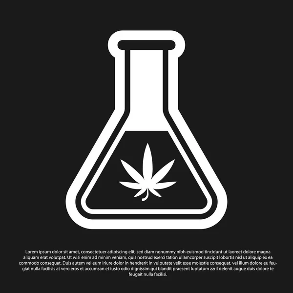 Schwarzes chemisches Reagenzglas mit Marihuana oder Cannabisblatt-Symbol auf schwarzem Hintergrund. Forschungskonzept. Labor cbd Öl-Konzept. Vektorillustration — Stockvektor