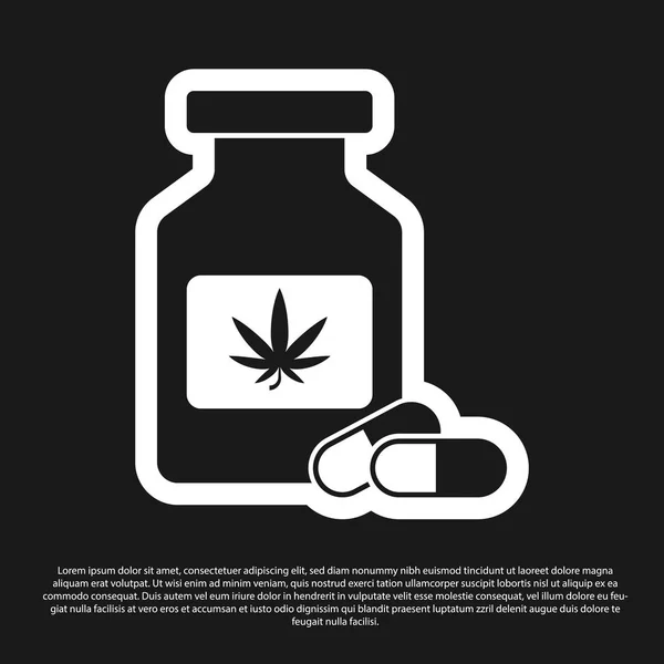 Garrafa médica preta com ícone de folha de maconha ou cannabis isolada em fundo preto. Mock up de extratos de óleo de cannabis em frascos. Ilustração vetorial — Vetor de Stock
