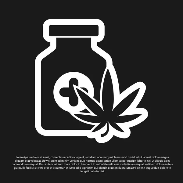 Bottiglia medica nera con icona di marijuana o foglie di cannabis isolata su sfondo nero. Falsificazione di estratti di olio di cannabis in barattoli. Illustrazione vettoriale — Vettoriale Stock