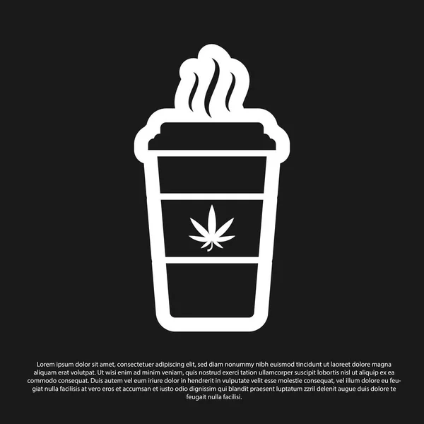 Schwarze Tasse Kaffee mit Marihuana oder Cannabisblatt-Symbol auf schwarzem Hintergrund. Marihuana-Legalisierung. Hanf-Symbol. Vektorillustration — Stockvektor