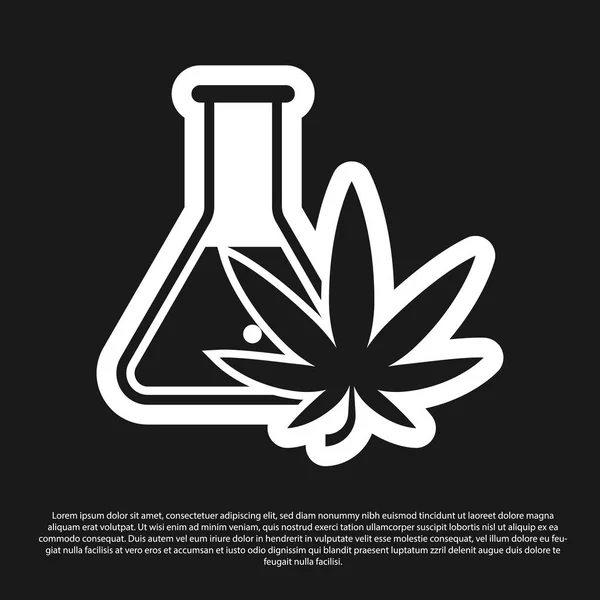 Tubo de ensayo de Black Chemical con marihuana o icono de hoja de cannabis aislado sobre fondo negro. Concepto de investigación. Concepto de aceite de CBD de laboratorio. Ilustración vectorial — Vector de stock