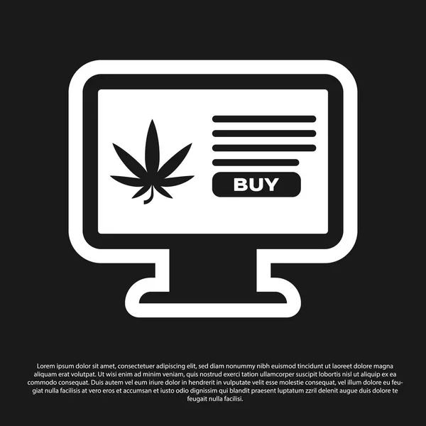 Black Computer monitor dan medis ganja atau cannabis ikon daun terisolasi di latar belakang hitam. Online membeli simbol. Keranjang supermarket. Ilustrasi Vektor - Stok Vektor