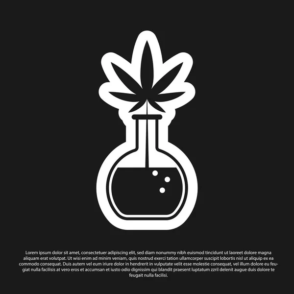 Tubo de ensayo de Black Chemical con marihuana o icono de hoja de cannabis aislado sobre fondo negro. Concepto de investigación. Concepto de aceite de CBD de laboratorio. Ilustración vectorial — Vector de stock