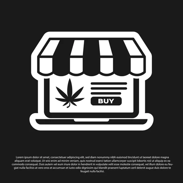 Black Laptop y marihuana medicinal o icono de la hoja de cannabis aislado sobre fondo negro. Símbolo de compra online. Cesta del supermercado. Ilustración vectorial — Vector de stock