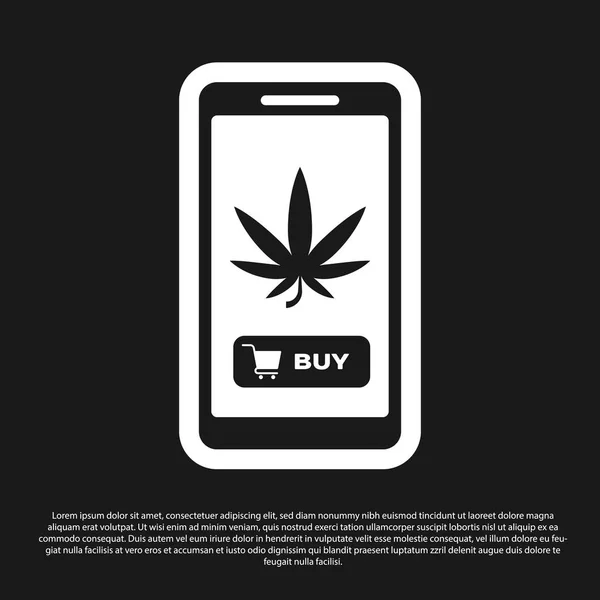 Чорний мобільний телефон і медична марихуана або ікона листя конопель ізольована на чорному тлі. Інтернет купівельний символ. Кошик для супермаркетів. Векторний приклад — стоковий вектор
