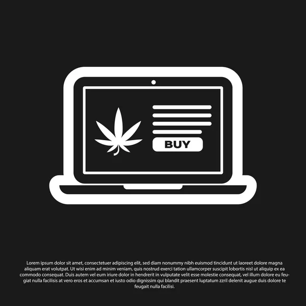 Laptop preto e maconha medicinal ou ícone de folha de cannabis isolado em fundo preto. Símbolo de compra online. Cesta de supermercado. Ilustração vetorial — Vetor de Stock