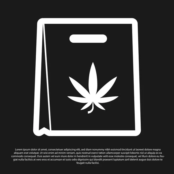 Saco de papel preto de compras de maconha medicinal ou ícone de folha de cannabis isolado em fundo preto. Comprar cannabis. Símbolo de cânhamo. Ilustração vetorial — Vetor de Stock
