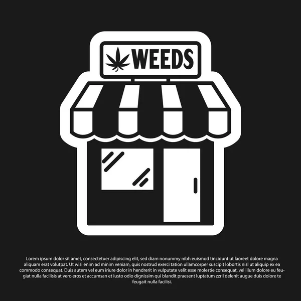 黑色大麻和大麻商店图标孤立在黑色背景。吸食、储存医疗大麻的设备和配件。病媒图解 — 图库矢量图片