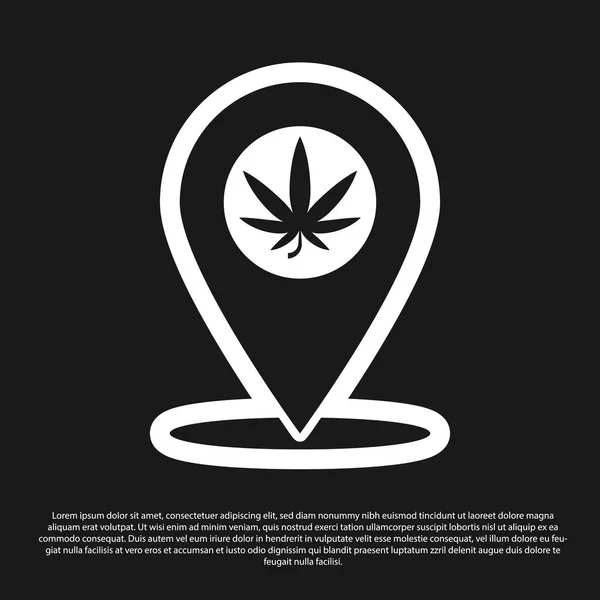 Puntero Mapa Negro e ícono de hoja de marihuana o cannabis aislado sobre fondo negro. Un símbolo de cáñamo. Ilustración vectorial — Archivo Imágenes Vectoriales