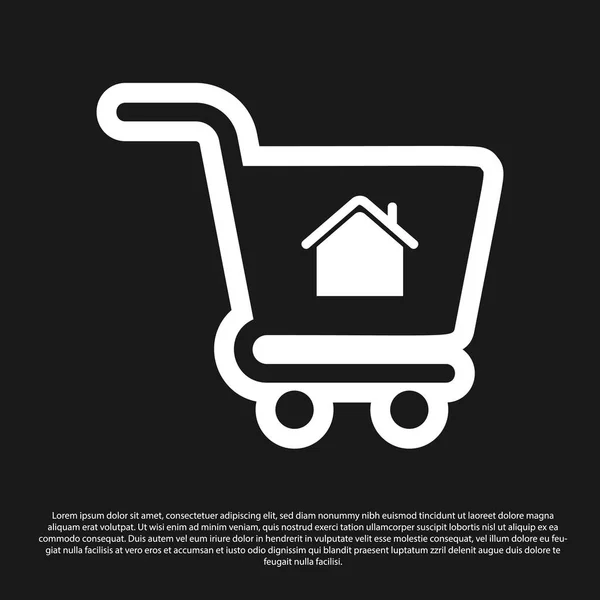 Carrito de compras negro con icono de la casa aislado sobre fondo negro. Comprar concepto de casa. Concepto de préstamo hipotecario, alquiler, compra de una propiedad. Ilustración vectorial — Archivo Imágenes Vectoriales