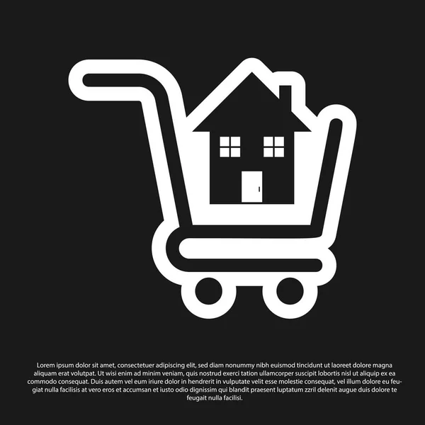 Carrinho de compras preto com ícone da casa isolado no fundo preto. Comprar conceito de casa. Conceito de empréstimo em casa, renda, compra de um imóvel. Ilustração vetorial —  Vetores de Stock