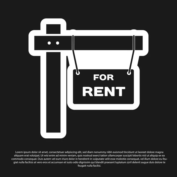 Black Hanging segno con l'icona testo For Rent isolato su sfondo nero. Cartello con testo in affitto. Illustrazione vettoriale — Vettoriale Stock