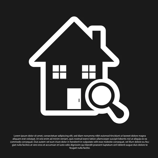 黑色搜索房子图标孤立在黑色背景。放大镜下房屋的房地产符号。矢量插图 — 图库矢量图片