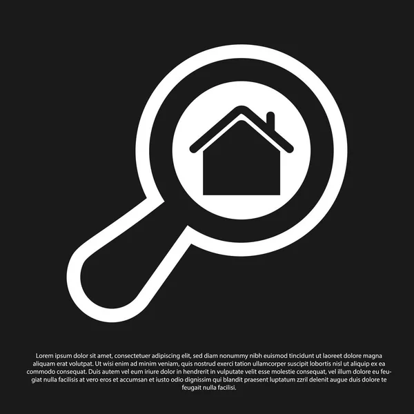 Μαύρη αναζήτηση σπίτι εικονίδιο απομονώνεται σε μαύρο φόντο. Ακίνητο σύμβολο ενός σπιτιού κάτω από μεγεθυντικό φακό. Απεικόνιση διανυσματικών φορέων — Διανυσματικό Αρχείο