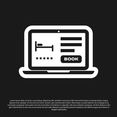Siyah arka planda izole Black Online otel rezervasyon simgesi. Dizüstü bilgisayar için online rezervasyon tasarım konsepti. Vektör İllüstrasyonu