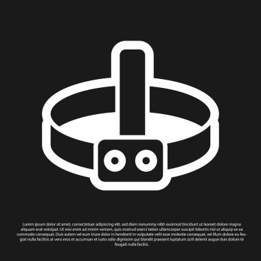 Siyah arka planda yalıtılmış Black Head el feneri simgesi. Turist kafa feneri. Kamp başı ışığı. Vektör İllüstrasyonu