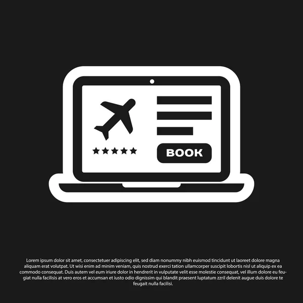Schwarzer Laptop mit elektronischem Bordkartensymbol auf schwarzem Hintergrund. Handyticket für das Passagierflugzeug für Web und App. Vektorillustration — Stockvektor