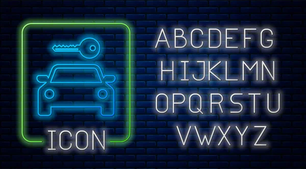 Brillante neón Icono de alquiler de coches aislado en el fondo de la pared de ladrillo. Alquilar una señal de coche. Llave con coche. Concepto para servicio de reparación de automóviles, tienda de repuestos. Alfabeto de luz de neón. Ilustración vectorial — Vector de stock