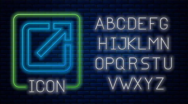 Leuchtende Neon geöffnet in neuen Fenster-Symbol isoliert auf Backstein-Wand-Hintergrund. Öffnen Sie ein weiteres Tab-Zeichen. Browserframe-Symbol. Externer Link. Neonlicht-Alphabet. Vektorillustration — Stockvektor