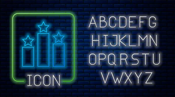 Leuchtende Neon Ranking Star Ikone isoliert auf Backsteinwand Hintergrund. Sterne-Bewertungssystem. Favorit, beste Bewertung, Auszeichnungssymbol. Neonlicht-Alphabet. Vektorillustration — Stockvektor