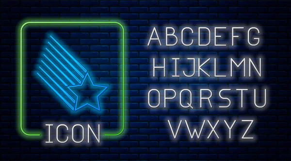 Świecące Neon Falling gwiazda ikona izolowane na tle muru ceglanego. Strzelanie gwiazda z szlak gwiazd. Meteoroid, meteoryt, kometa, asteroidy, ikona gwiazdki. Neon światła alfabetu. Ilustracja wektorowa — Wektor stockowy