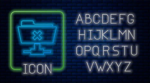 Icono de operación de cancelación FTP de neón brillante aislado en el fondo de la pared de ladrillo. Actualización de software, protocolo de transferencia, enrutador, gestión de herramientas de trabajo en equipo, proceso de copia. Alfabeto de luz de neón. Ilustración vectorial — Vector de stock