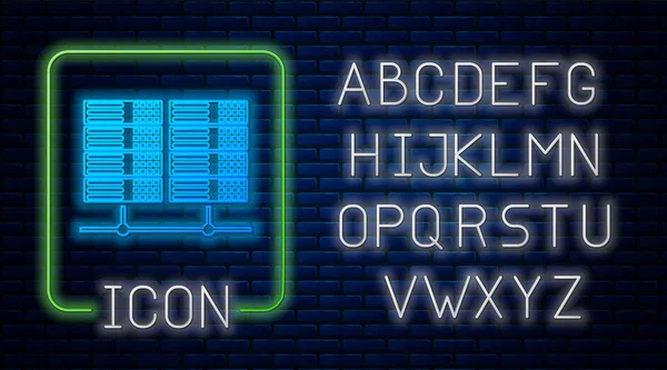 Gloeiende neon Server, Data, Web Hosting pictogram geïsoleerd op baksteen muur achtergrond. Neon licht alfabet. Vector Illustratie — Stockvector