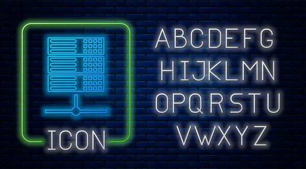 Glödande neon Server, Data, Web Hosting ikon isolerad på tegel vägg bakgrund. Neonljus alfabet. Vektor Illustration — Stock vektor