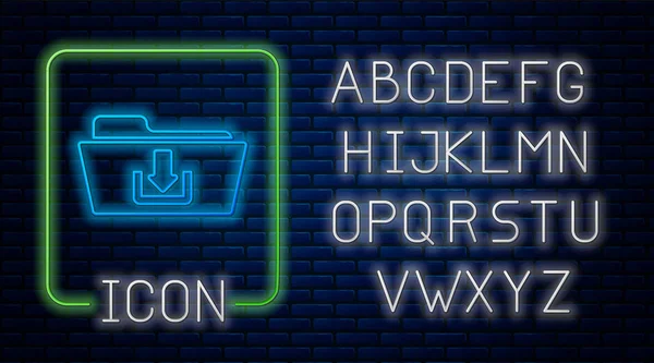 Leuchtende Neon-Ordner Download-Symbol isoliert auf Backsteinwand Hintergrund. Neonlicht-Alphabet. Vektorillustration — Stockvektor